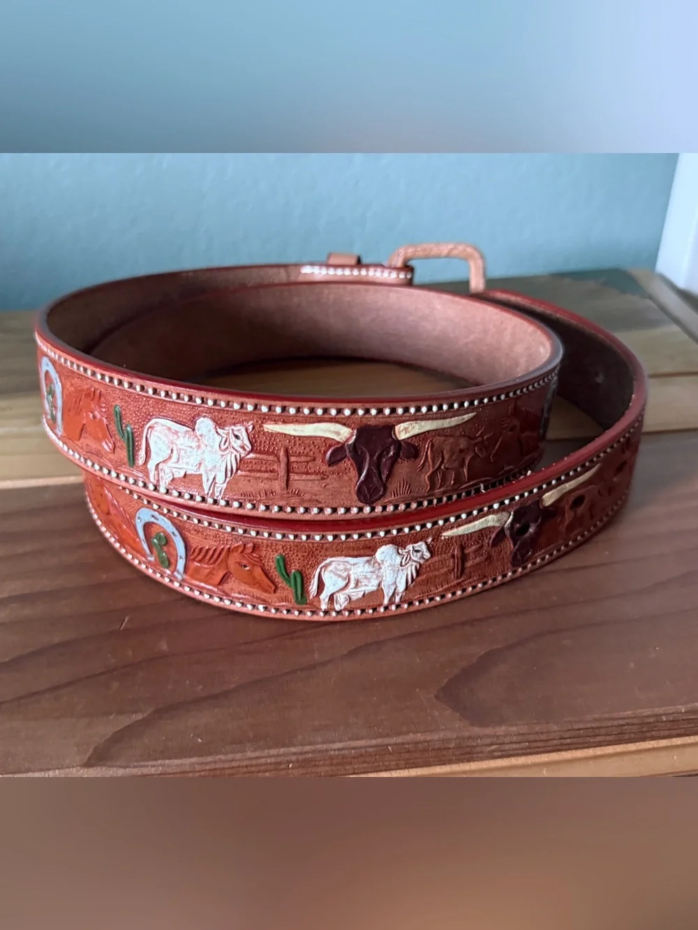 Vintage Western Tooled Leather Belt Size 42 Horse Cow Cactus Horseshoe 48in